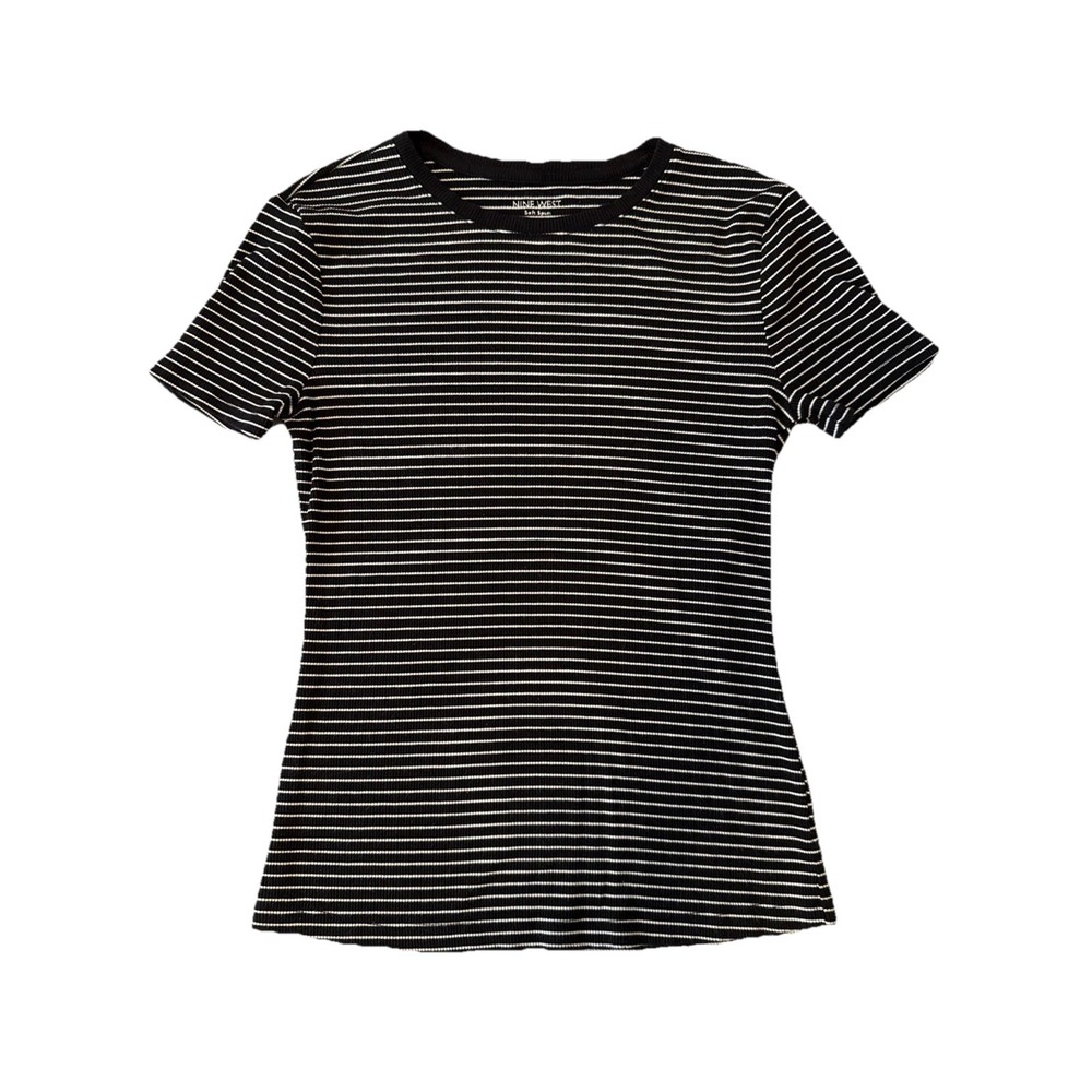 Nine West Soft Spun Ribbed Knit Short Sleeve Fitted Shirt Women's S Y2K Classic